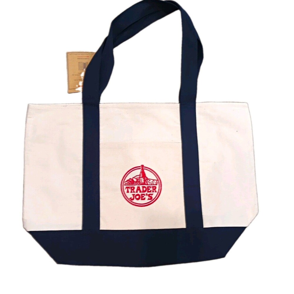 NEW Trader Joe's Canvas Tote Bag Reusable Red Logo Navy Handles 14x20